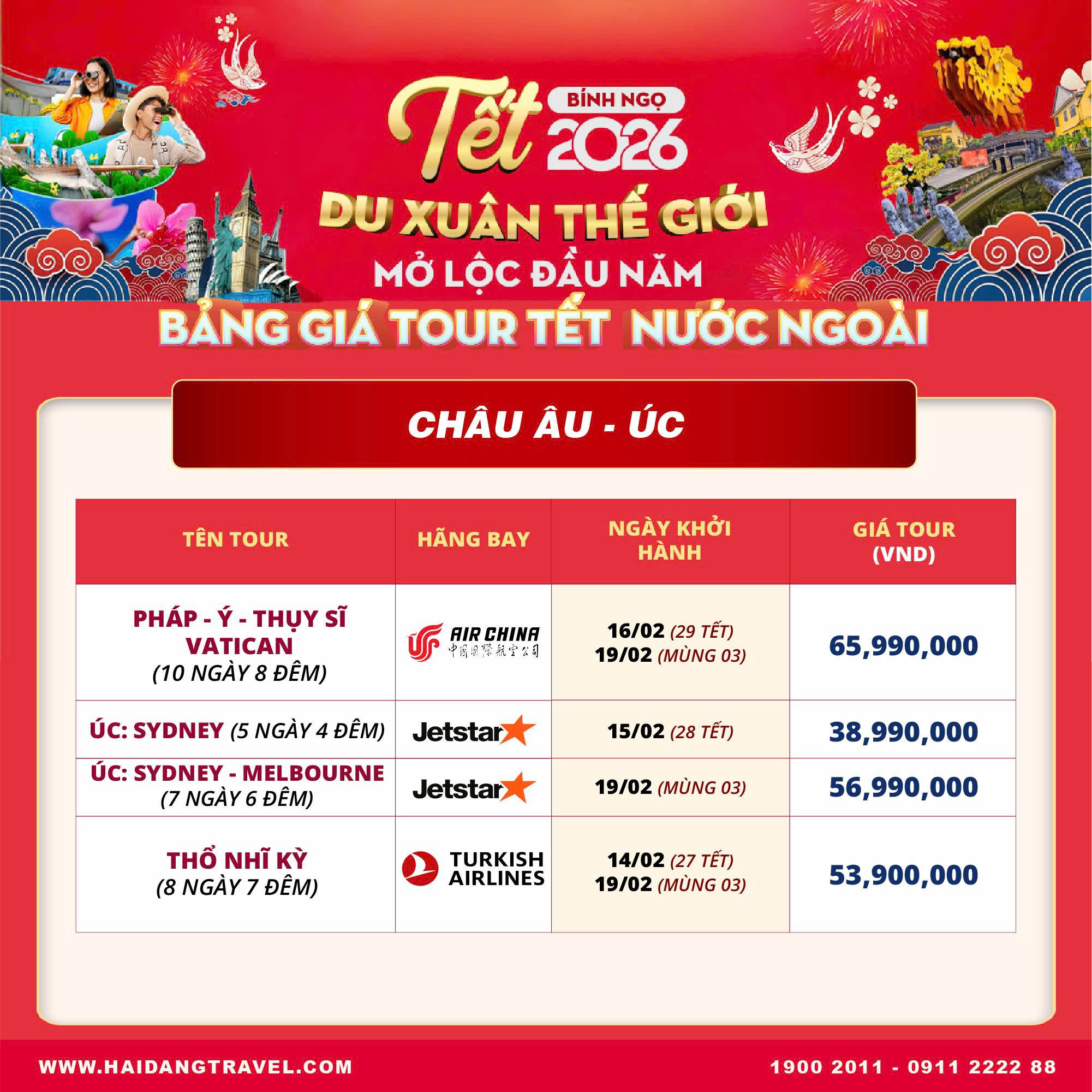 Bảng giá tour Châu Âu - Úc Tết 2026 tại Hải Đăng Travel? Bảng giá tour Châu Âu - Úc Tết 2026
