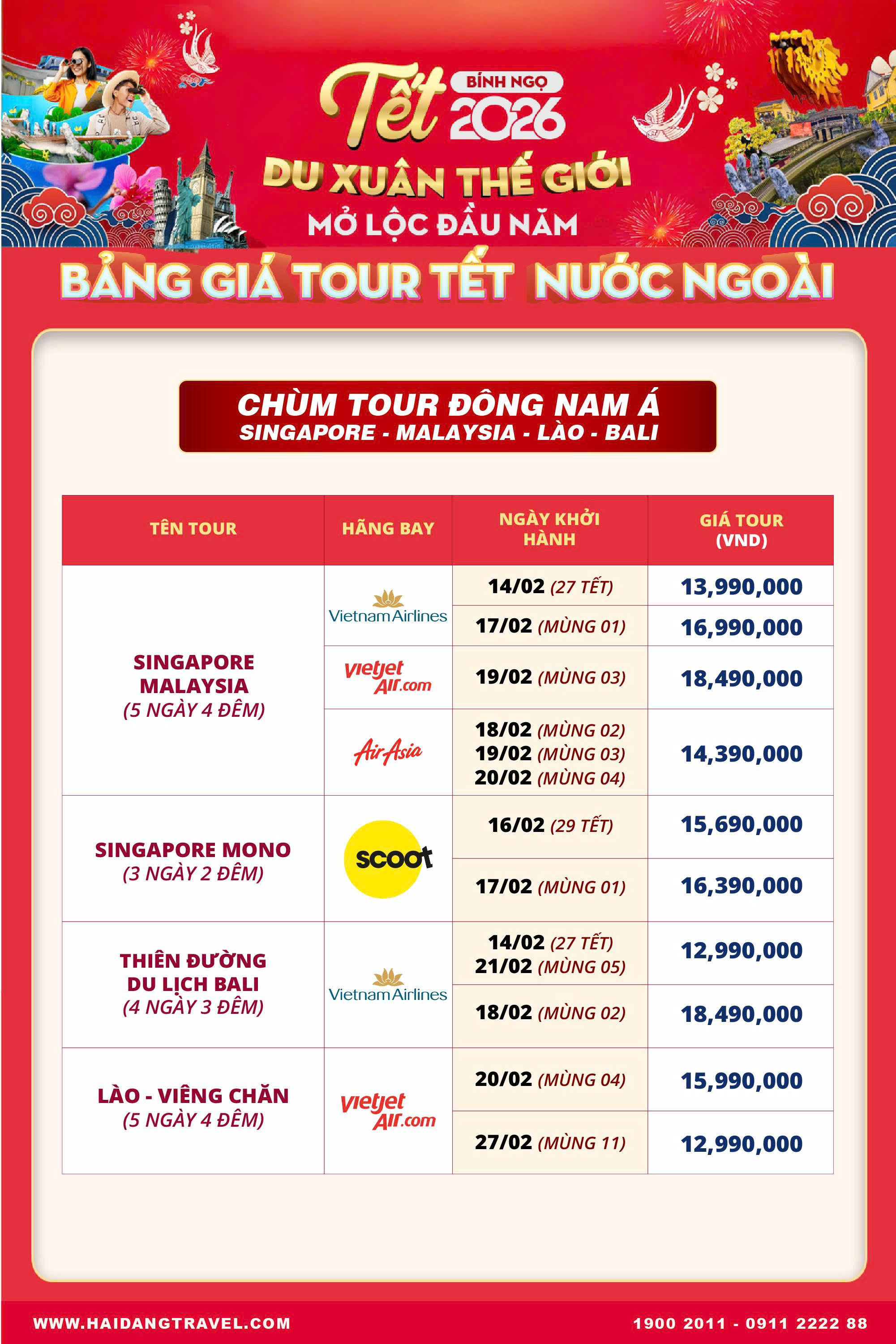 Bảng giá tour tết Đông Nam Á