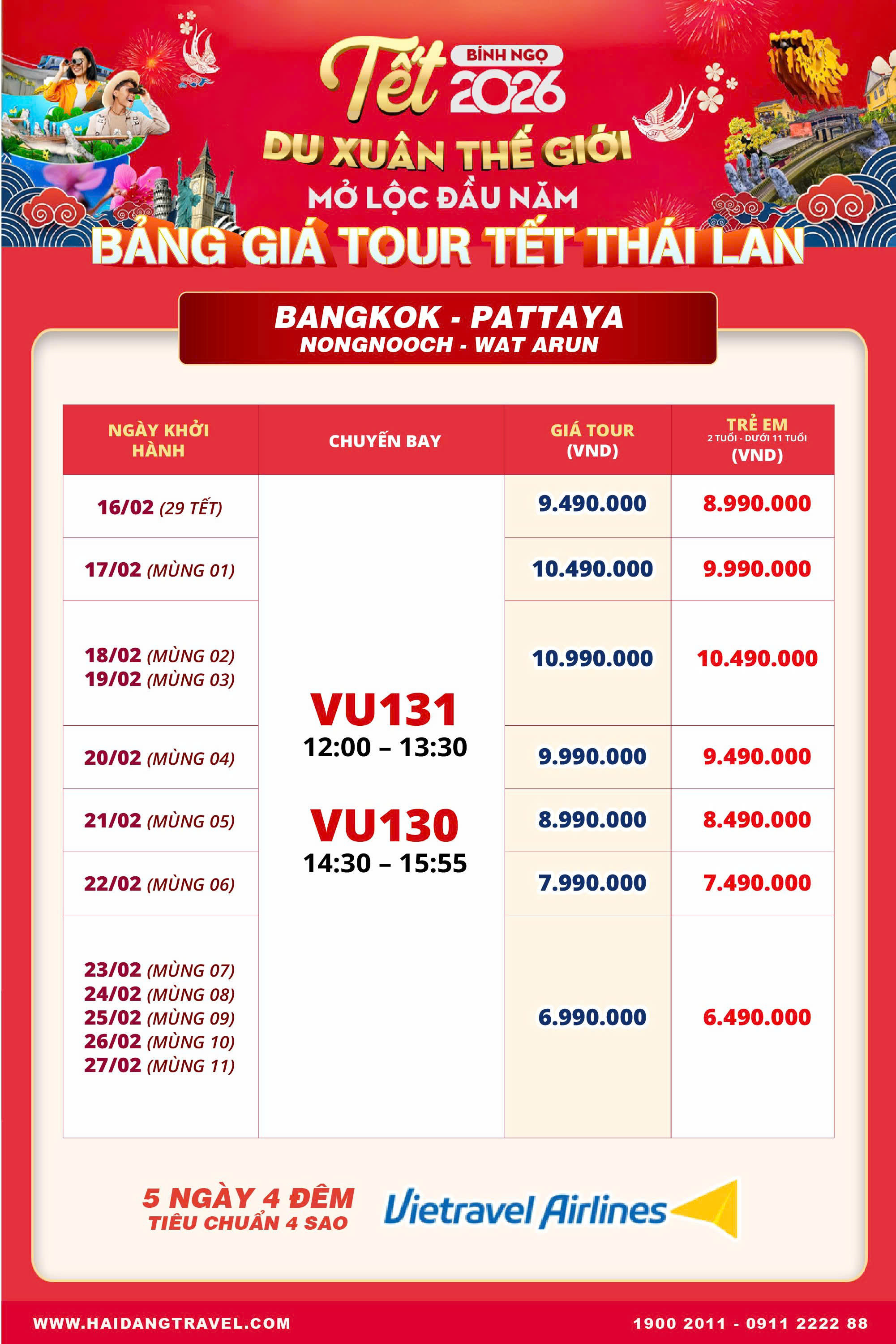 Bảng giá Tour Tết Thái Lan 2026