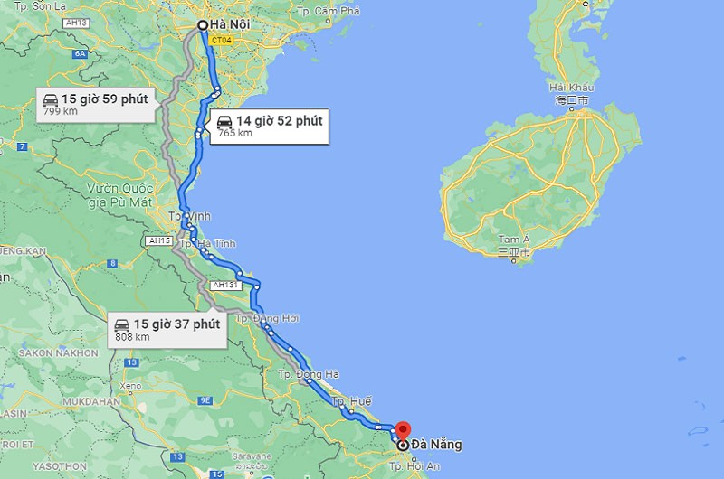Tuyến đường di chuyển bằng ô tô từ Hà Nội đến Đà Nẵng