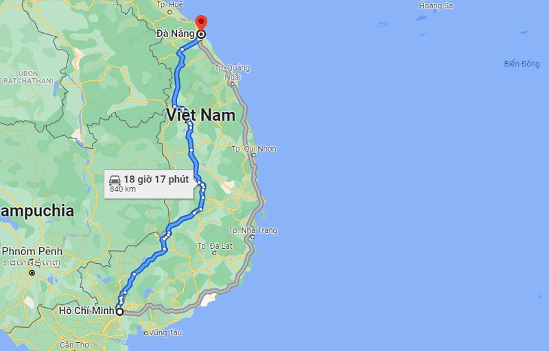 Tuyến đường di chuyển bằng ô tô từ TP. Hồ Chí Minh đến Đà Nẵng