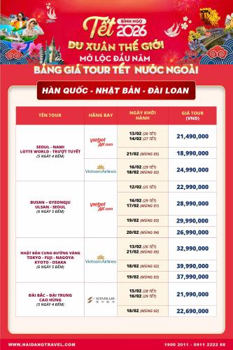 Bảng giá tour Tết Hàn Quốc - Nhật Bản - Đài Loan tại Hải Đăng Travel