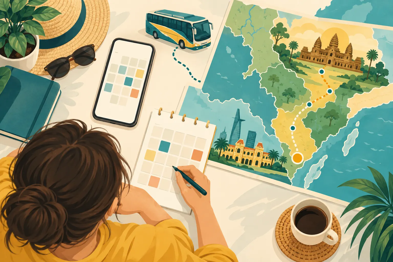 Minh họa chuẩn bị yêu cầu và chọn lịch tour Campuchia