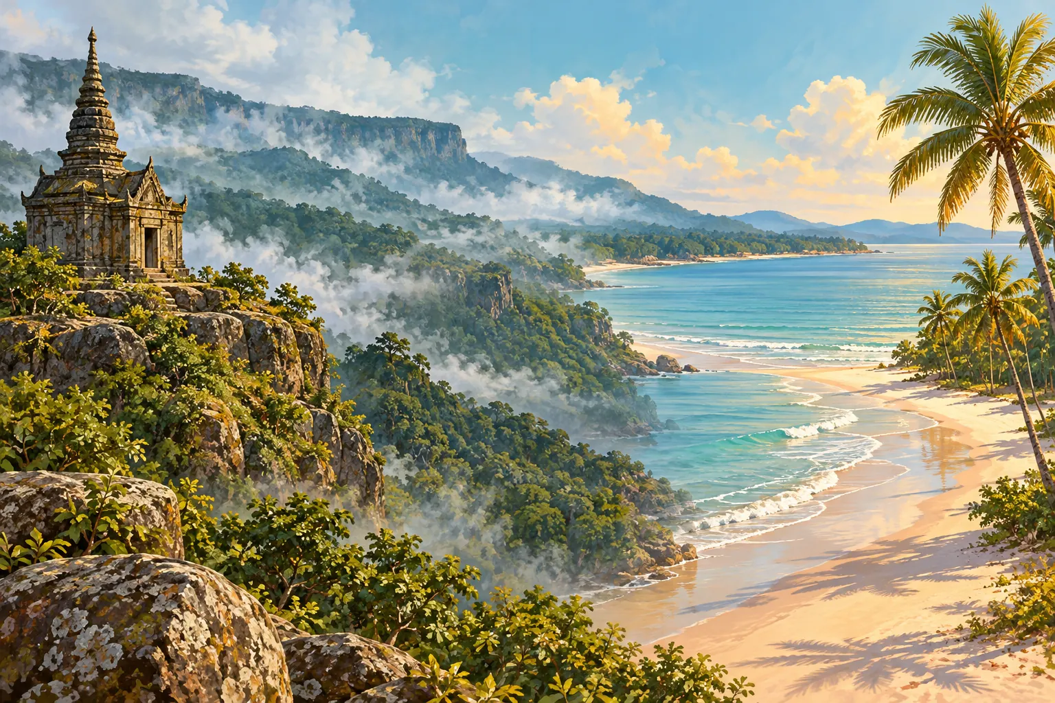 Minh họa cảnh quan cao nguyên Bokor và biển ven bờ Otres