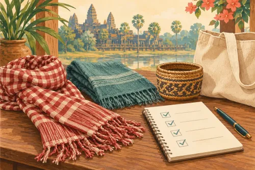 Minh họa khăn, giỏ đan và danh sách quà cho chuyến Campuchia