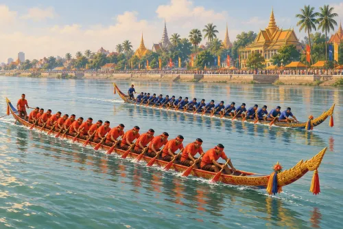 Minh họa các đội chèo thuyền trong lễ hội Bon Om Touk