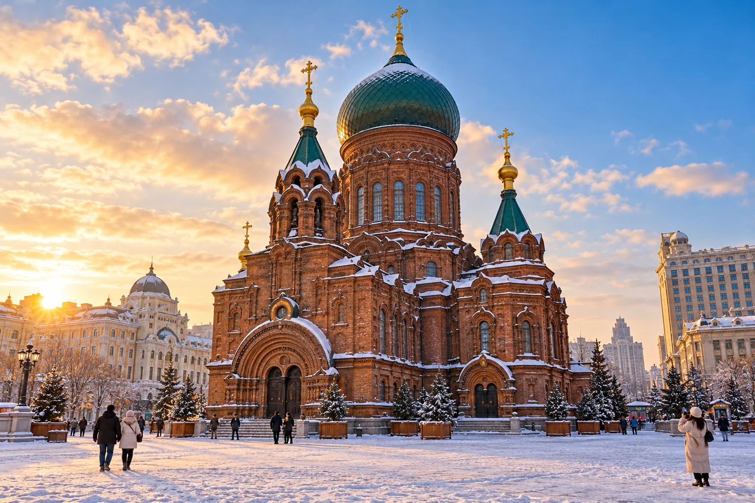 Nhà thờ Saint Sophia tại Cáp Nhĩ Tân mùa đông – ảnh minh họa AI