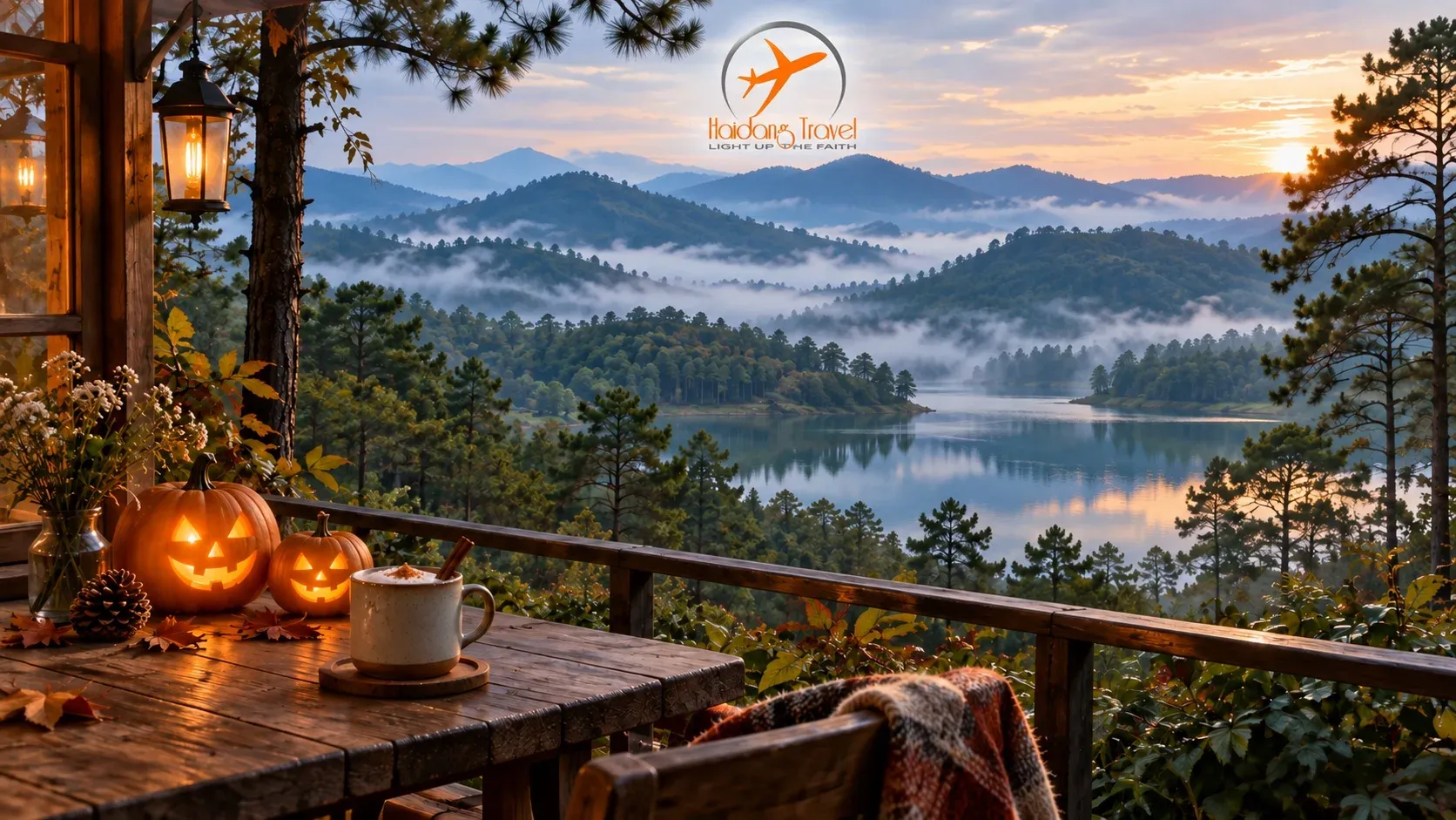 Ảnh minh họa AI cho tour Măng Đen dịp Halloween, với hồ, rừng thông, bí ngô và logo Hải Đăng Travel ở giữa phía trên.