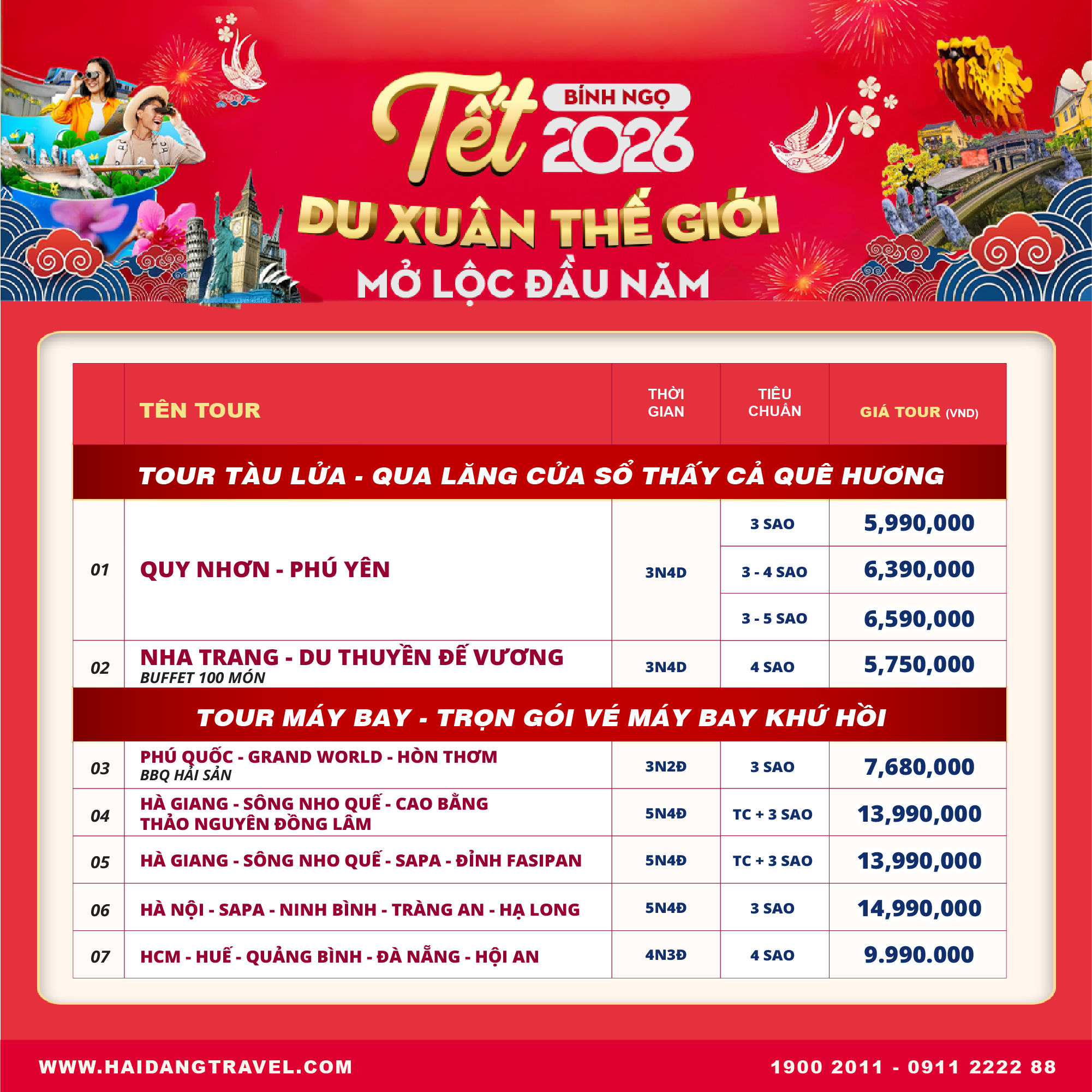 Bảng giá chi tiết tour Tết 2026