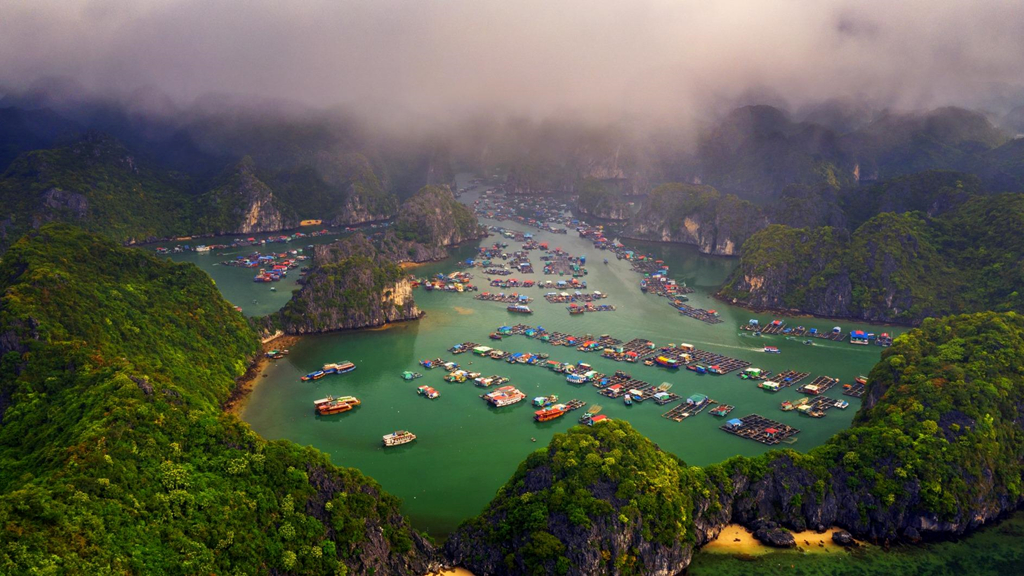 Làng chài là nơi sinh sống của khoảng 300 hộ dân với hơn 600 nhân khẩu. Nét thơ mộng của thiên nhiên hoà cùng nhộn nhịp của cuộc sống lao động ở làng chài tạo nên một vẻ đẹp xao xuyến lòng người. Những nhà thuyền đầy sắc màu, kết liền với nhau thành nhóm, nổi bật trên nền xanh của mặt nước tĩnh lặng. Thuyền bè nối đuôi nhau hướng ra biển lớn. Dưới ống kính flycam, toàn cảnh làng chài hiện lên tạo thành bức tranh rực rỡ, hài hòa của thiên nhiên và con người. Ảnh: Nguyễn Tuấn. Làng chài là nơi sinh sống của khoảng 300 hộ dân với hơn 600 nhân khẩu. Nét thơ mộng của thiên nhiên hoà cùng nhộn nhịp của cuộc sống lao động ở làng chài tạo nên một vẻ đẹp xao xuyến lòng người. Những nhà thuyền đầy sắc màu, kết liền với nhau thành nhóm, nổi bật trên nền xanh của mặt nước tĩnh lặng. Thuyền bè nối đuôi nhau hướng ra biển lớn. Dưới ống kính flycam, toàn cảnh làng chài hiện lên tạo thành bức tranh rực rỡ, hài hòa của thiên nhiên và con người. Ảnh: Nguyễn Tuấn.